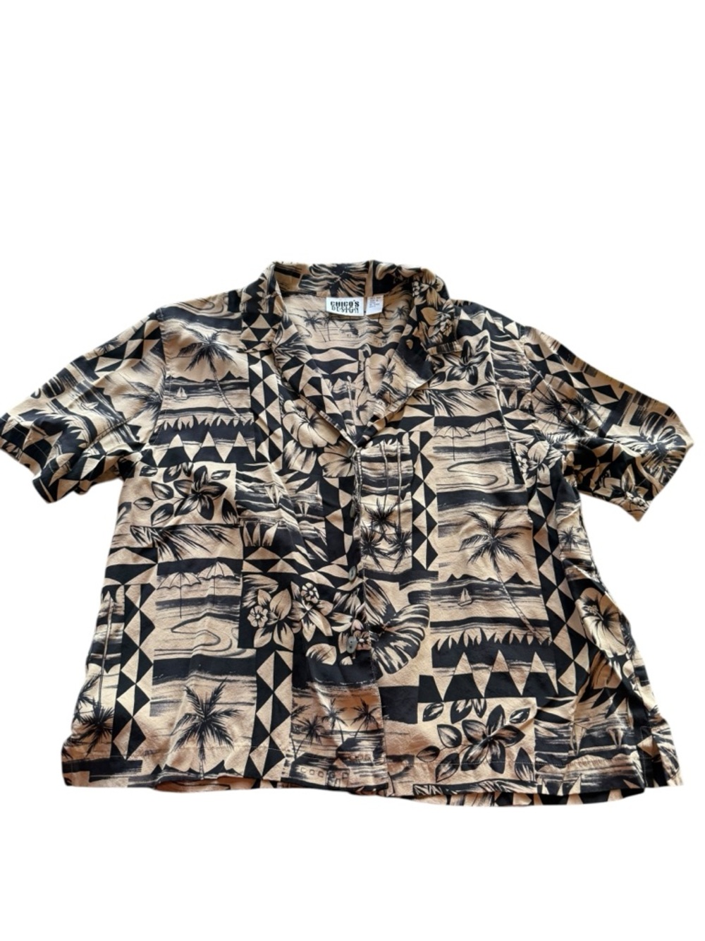 Chico’s 100% Silk Hawaiian Button Up Shirt Size Large Black Tan Tropical Print - Picture 8 of 9